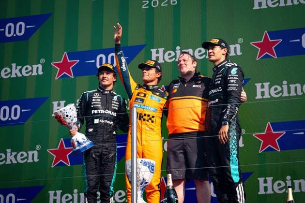 August 23, 2026, Zandvoort, Netherlands: Andrea Kimi Antonelli (ITA) (Mercedes-AMG Petronas F1 Team), Lando Norris (GBR) (McLaren Mastercard F1 Team) and George Russell (GBR) (Mercedes-AMG Petronas F1 Team) on the podium after the race of the Formula 1 Heineken Dutch Grand Prix 2026 at the Circuit Zandvoort. Zandvoort Netherlands - ZUMAs197 20260823_aaa_s197_198 Copyright: xLucaxMartinix