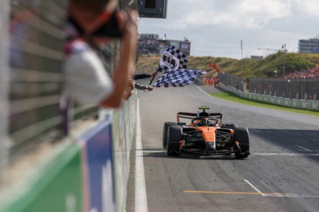 (260824) -- ZANDVOORT, Aug. 24, 2026 -- McLaren s British driver Lando Norris crosses the finish line during the Formula 1 Dutch Grand Prix Race at Zandvoort Circuit, near Amsterdam, the Netherlands, Aug. 23, 2026. (Photo by Xinhua) (SP)NETHERLANDS-ZANDVOORT-F1-DUTCH GRAND PRIX QianxJun 