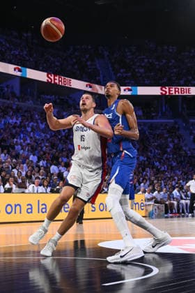 Victor Wembanyama and Nikola Jokic during the 2027 World Cup warm-up match between France and Serbia at the CO™MET Arena in OrlÃ ans on 23 August 2026. - 23 08 2026 - France France OrlÃ ans -  JulienxMattiax xLexPictorium LePictorium_0339394