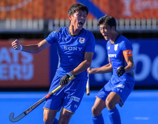 Hockey World Cup Day Ten Shota Yamada celebrates scoring his first goal for Japan against Wales in the Pool G classification match in the 2026 FIH Hockey World Cup at Wagener Stadium, Amstelveen 24 08 2026 UK Newspapers OUT Copyright: xGraemexWilcocksonx FIL-23822-0003