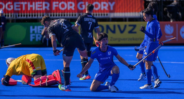 Hockey World Cup Day Ten Kosei Kawabe of Japan celebrates scoring his first goal and the team™s second against Wales during the Pool G classification match in the 2026 FIH Hockey World Cup at Wagener Stadium, Amstelveen 24 08 2026 UK Newspapers OUT Copyright: xGraemexWilcocksonx FIL-23822-0007