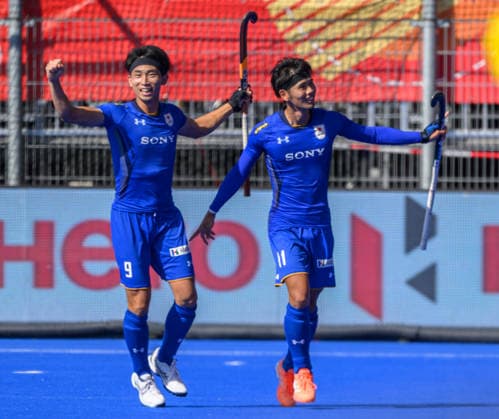 Hockey World Cup Day Ten Kosei Kawabe and Kazumasa Matsumoto celebrate scoring a third goal for Japan as they seal a 3-2 victory against Wales in the Pool G classification match in the 2026 FIH Hockey World Cup at Wagener Stadium, Amstelveen 24 08 2026 UK Newspapers OUT Copyright: xGraemexWilcocksonx FIL-23822-0020