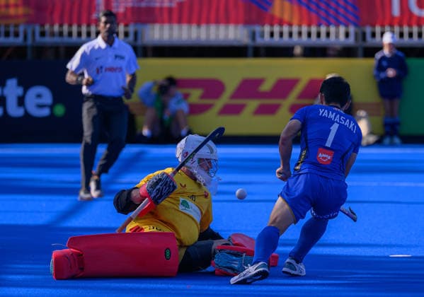 Hockey World Cup Day Ten Toby Reynolds-Cotterill of Wales saves from Koji Yamasaki of Japan during the match between Wales and Japan in the 2026 FIH Hockey World Cup at Wagener Stadium, Amstelveen 24 08 2026 UK Newspapers OUT Copyright: xGraemexWilcocksonx FIL-23822-0021