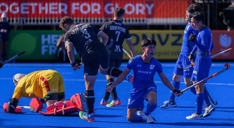 Hockey World Cup Day Ten Kosei Kawabe of Japan celebrates scoring his first goal and the team™s second against Wales during the Pool G classification match in the 2026 FIH Hockey World Cup at Wagener Stadium, Amstelveen 24 08 2026 UK Newspapers OUT Copyright: xGraemexWilcocksonx FIL-23822-0008