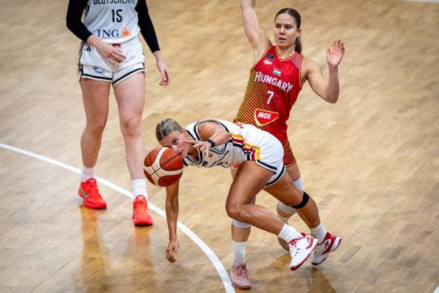 Basketball Göttingen 23.08.2026 Freundschaftsspiel Testspiel Deutschland (GER) - Ungarn (HUN) Alexandra Wilke (Deutschland, No.03) Veronika Kanyasi (Ungarn, No.07) *** Basketball Göttingen, August 23, 2026, Friendly Match, Germany (GER) vs. Hungary (HUN), Alexandra Wilke (Germany, No. 03), Veronika Kanyasi (Hungary, No. 07)