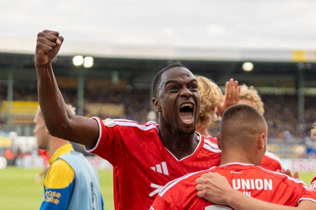 German Soccer DFB Cup, 1st Round 2026–2027, Eintracht Braunschweig vs. 1. FC Union Berlin on August 23, 2026, at Eintracht Stadium in Braunschweig; goal to make it 2–3 by Marin Ljubicic of 1. FC Union Berlin, 27 Cheering, Joy, Goal Celebration, Emotions: Ilyas Ansah, 1. FC Union Berlin, 10 Copyright: xSvenxHeidmannx