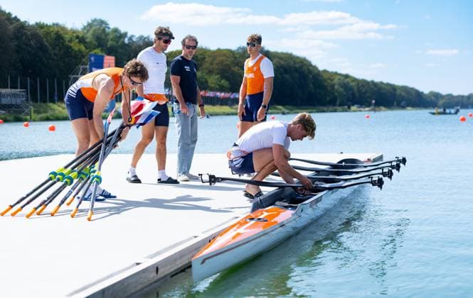 AMSTERDAM - Lucas Keijzer, Mats van Sabben, Percijn van Haeringen and Thijs Ruiken of the Men s Double Sculls during the World Rowing Championships at the Bosbaan in the Amsterdam Forest. IRIS VAN DEN BROEK ANP xVIxANPxSportx xxANPxIVx 566192873 originalFilename: 566192873.jpg