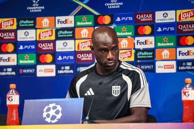 SOCCER - UEFA CL, LASK vs Celtic LINZ,AUSTRIA,24.AUG.26 - SOCCER - UEFA Champions League, play-off, Linzer ASK vs Celtic Glasgow, preview, press conference, PK, Pressekonferenz LASK. Image shows Samuel Adeniran (LASK).  GEPAxpictures xManuelxBinder
