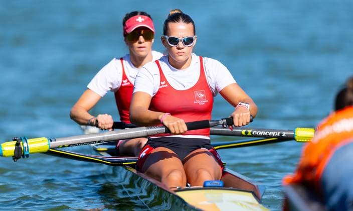 AMSTERDAM - Sofia Meakin and Olivia Roth (SUI) in action during the heats for the women s pair without cox at the World Rowing Championships on the Bosbaan in the Amsterdam Forest. IRIS VAN DEN BROEK ANP xVIxANPxSportx xxANPxIVx 566197099 originalFilename: 566197099.jpg