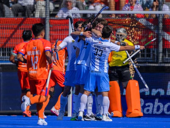 Hockey World Cup Day Ten Argentina (Los Leones) celebrate scoring in the opening minute during the match against India in Pool E of the 2026 FIH Hockey World Cup at Wagener Stadium, Amstelveen 24 08 2026 UK Newspapers OUT Copyright: xGraemexWilcocksonx FIL-23822-0040