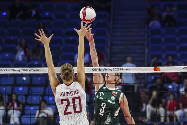 Poland v Latvia - CEV EuroVolley 2026 ???????ISTANBUL, TURKIYE - AUGUST 24: Poland player Magdalena Stysiak (3) competes with Latvia s Karmena Struka (20) during the CEV EuroVolley 2026 Women Group A match between Poland and Latvia at Sinan Erdem Sports Hall, on August 24, 2026 in Istanbul, Turkiye. Agit Erdi Ulukaya Anadolu Istanbul Turkey. Editorial use only. Please get in touch for any other usage.  Copyright: x2026xAnadoluxAgitxErdixUlukayax