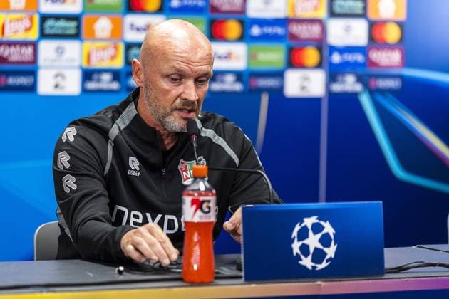 BODO , 24-08-2026 , Aspmyra Stadion , Champions League , season 2026 2027 , press conference, PK, Pressekonferenz NEC in Bodo , picture shows , NEC coach Dick Schreuder Press conference NEC Bodo  x206022311x Copyright:
