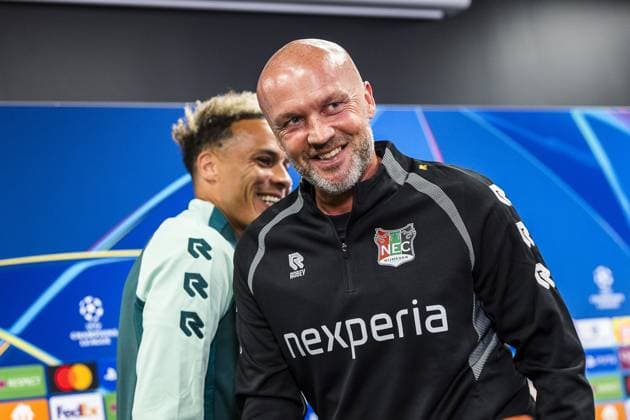 BODO , 24-08-2026 , Aspmyra Stadion , Champions League , season 2026 2027 , press conference, PK, Pressekonferenz NEC in Bodo , picture shows , NEC coach Dick Schreuder Press conference NEC Bodo  x206022312x Copyright:
