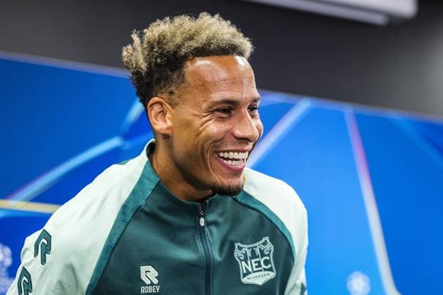 Sport Bilder des Tages BODO , 24-08-2026 , Aspmyra Stadion , Champions League , season 2026 2027 , press conference, PK, Pressekonferenz NEC in Bodo , picture shows , NEC player Tjaronn Chery Press conference NEC Bodo  x206022314x Copyright: