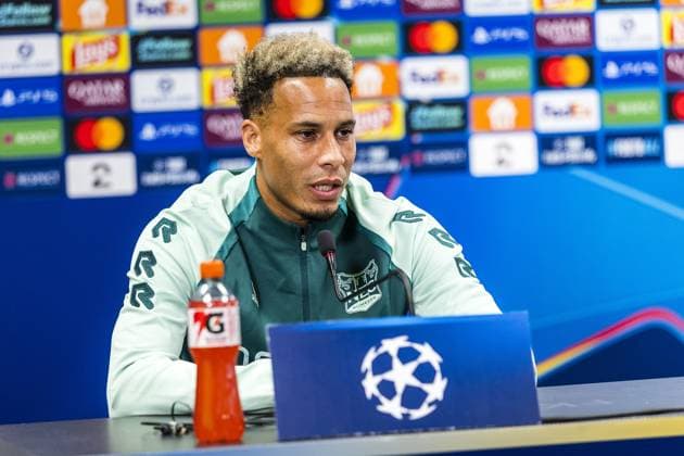 BODO , 24-08-2026 , Aspmyra Stadion , Champions League , season 2026 2027 , press conference, PK, Pressekonferenz NEC in Bodo , picture shows , NEC player Tjaronn Chery Press conference NEC Bodo  x206022315x Copyright: