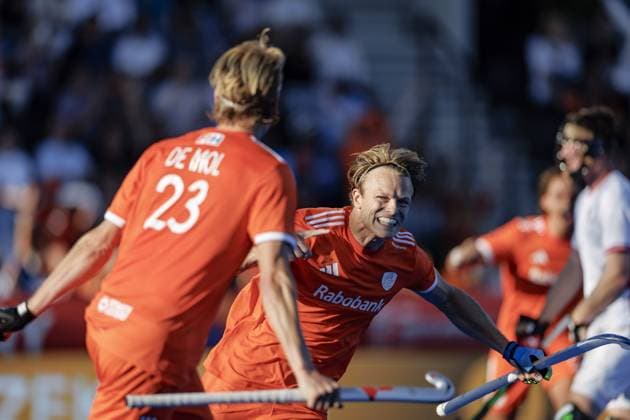 AMSTELVEEN - Jip Janssen of the Netherlands celebrates scoring the 1-1 during the Hockey World Cup match between the Netherlands and England at the Wagener Stadium. KOEN VAN WEEL ANP xVIxANPxSportx xxANPxIVx 566203085 originalFilename: 566203085.jpg