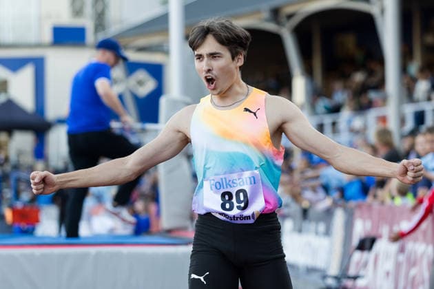 260824 Gabriel Wallmark, Örgryte IS jublar under friidrottstävlingen i Folksam Grand Prix den 24 augusti 2026 i Göteborg. *** August 24, 2026: Gabriel Wallmark of Örgryte IS celebrates during the track and field competition at the Folksam Grand Prix on August 24, 2026, in Gothenburg  Copyright: MICHAELxERICHSEN BB260824MI003