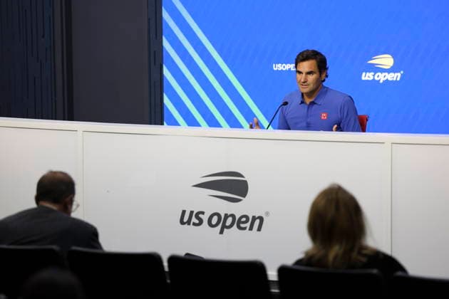 Rodger Federer gives a press conference, PK, Pressekonferenz at US Open Swiss former tennis player Roger Federer gives a press conference at the USTA Billie Jean King National Tennis Center in Flushing Meadows, New York, USA, 24 August 2026. Federer is set to play a Fan Week exhibition match on 25 August, his first competitive appearance at Arthur Ashe Stadium since 2019. FLUSHING MEADOWS NEW YORK UNITED STATES  Copyright: xSARAHxYENESELx