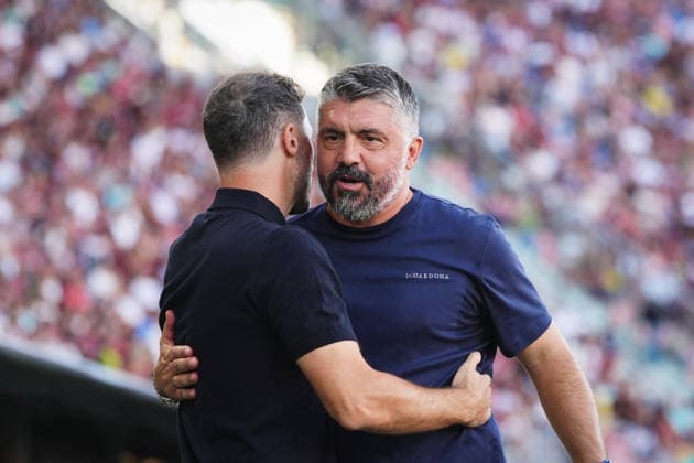 Bologna s head coach Domenico Tedesco and Lazio™s head coach Gennaro Gattuso during the Serie A soccer match between Bologna and Lazio at the Renato Dall™Ara Stadium in Bologna, north Italy - Monday, August 24, 2026 -  Copyright: xMassimoxPaolone LaPressex