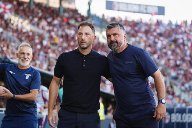 Bologna s head coach Domenico Tedesco and Lazio™s head coach Gennaro Gattuso during the Serie A soccer match between Bologna and Lazio at the Renato Dall™Ara Stadium in Bologna, north Italy - Monday, August 24, 2026 -  Copyright: xMassimoxPaolone LaPressex