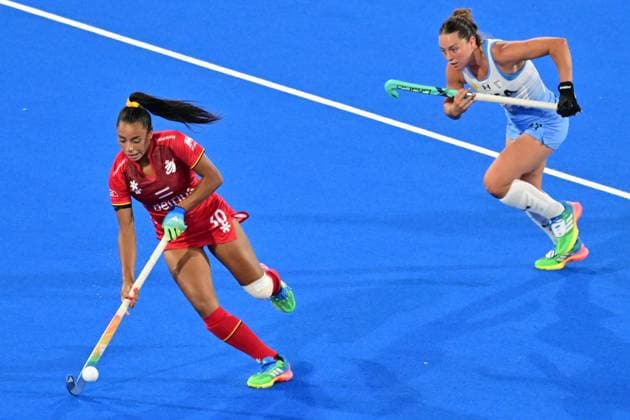 RECORD DATE NOT STATED Argentina s Juana Castellaro and Belgium s Ambre Ballenghien pictured during a Field hockey, Feldhockey game between Belgian national team, Nationalteam Red Panthers and Argentina, at the women s 2026 Hockey World Cup, on Monday 24 August 2026 in Wavre. The 2026 edition of the Hockey World Cup takes place in Belgium and The Netherlands from August 15 to August 30. DIRKxWAEM  x184196249x