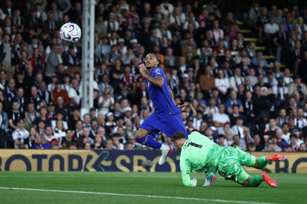 London, England, 24th August 2026. Joao Pedro of Chelsea scores to make it 1-0 during the Fulham vs Chelsea Premier League match at Craven Cottage, London. Picture credit should read: David Klein Sportimage EDITORIAL USE ONLY. No use with unauthorised audio, video, data, fixture lists, club league logos or live services. Online in-match use limited to 120 images, no video emulation. No use in betting, games or single club league player publications. SPI_038_DK_Fulham_Chelsea SPI-4933-0038