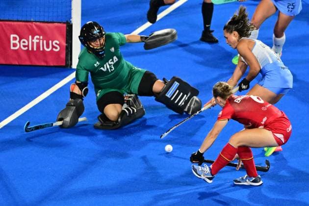 RECORD DATE NOT STATED Argentina s goalkeeper Cristina Cosentino and Belgium s Charlotte Englebert pictured in action during a Field hockey, Feldhockey game between Belgian national team, Nationalteam Red Panthers and Argentina, at the women s 2026 Hockey World Cup, on Monday 24 August 2026 in Wavre. The 2026 edition of the Hockey World Cup takes place in Belgium and The Netherlands from August 15 to August 30. DIRKxWAEM  x184196630x