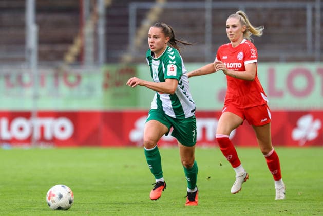 v.li.: Lilli Purtscheller (SV Werder Bremen, 7) und Chiara Bouziane (1. FSV Mainz 05, 10) im Zweikampf, Duell, Dynamik, Aktion, Action, Spielszene, DIE DFB-RICHTLINIEN UNTERSAGEN JEGLICHE NUTZUNG VON FOTOS ALS SEQUENZBILDER UND ODER VIDEOÄHNLICHE FOTOSTRECKEN. DFB REGULATIONS PROHIBIT ANY USE OF PHOTOGRAPHS AS IMAGE SEQUENCES AND OR QUASI-VIDEO., 24.08.2026, Mainz (Deutschland), Fussball, Google Pixel Frauen-Bundesliga, 1. FSV Mainz 05 - SV Werder Bremen *** From left: Lilli Purtscheller (SV Werder Bremen, 7) and Chiara Bouziane (FSV Mainz 05, 10) in a one-on-one battle, duel, dynamic moment, action, game scene, DFB REGULATIONS PROHIBIT ANY USE OF PHOTOGRAPHS AS SEQUENCE IMAGES AND OR VIDEO-LIKE PHOTO SERIES DFB REGULATIONS PROHIBIT ANY USE OF PHOTOGRAPHS AS IMAGE SEQUENCEENCES AND OR VIDEO-LIKE PHOTO SERIES, August 24, 2026, Mainz, Germany, Soccer, Google Pixel Women’s Bundesliga, 1. FSV Mainz 05 vs. SV Werder Bremen xobx