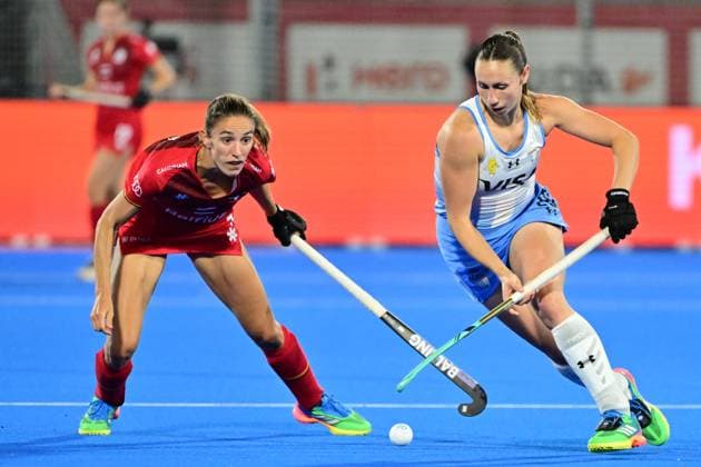 RECORD DATE NOT STATED Belgium s Judith Vandermeiren and Argentina s Sofia Cairo fight for the ball during a Field hockey, Feldhockey game between Belgian national team, Nationalteam Red Panthers and Argentina, at the women s 2026 Hockey World Cup, on Monday 24 August 2026 in Wavre. The 2026 edition of the Hockey World Cup takes place in Belgium and The Netherlands from August 15 to August 30. DIRKxWAEM  x184197702x
