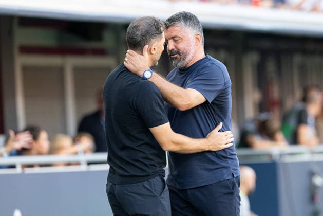 Sport Bilder des Tages Foto IPP Damiano Fiorentini Bologna 24 08 2026 Calcio Campionato serie A 2026-2027 partita: Bologna-Lazio nella foto: mister Domenico Tedesco e Rino Gattuso Italy Photo Press World Copyright italy ITALY  Copyright: xR4924_italyphotopressx