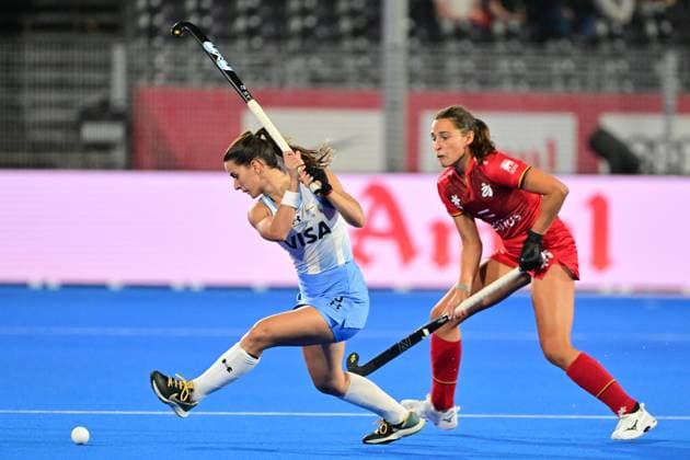 RECORD DATE NOT STATED Argentina s Agostina Alonso and Belgium s Lien Hillewaert pictured during a Field hockey, Feldhockey game between Belgian national team, Nationalteam Red Panthers and Argentina, at the women s 2026 Hockey World Cup, on Monday 24 August 2026 in Wavre. The 2026 edition of the Hockey World Cup takes place in Belgium and The Netherlands from August 15 to August 30. DIRKxWAEM  x184198210x