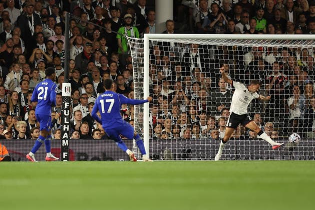 24th August 2026; Craven Cottage, Fulham, London, England; Premier League Football, Fulham versus Chelsea; Morgan Rogers of Chelsea scores in the 41st minute for 1-2 KatiexChan
