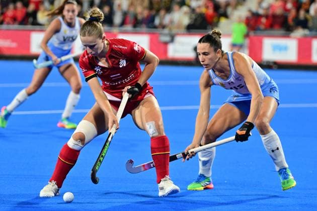 RECORD DATE NOT STATED Belgium s Justine Rasir and Argentina s Sofia Toccalino fight for the ball during a Field hockey, Feldhockey game between Belgian national team, Nationalteam Red Panthers and Argentina, at the women s 2026 Hockey World Cup, on Monday 24 August 2026 in Wavre. The 2026 edition of the Hockey World Cup takes place in Belgium and The Netherlands from August 15 to August 30. DIRKxWAEM  x184199951x