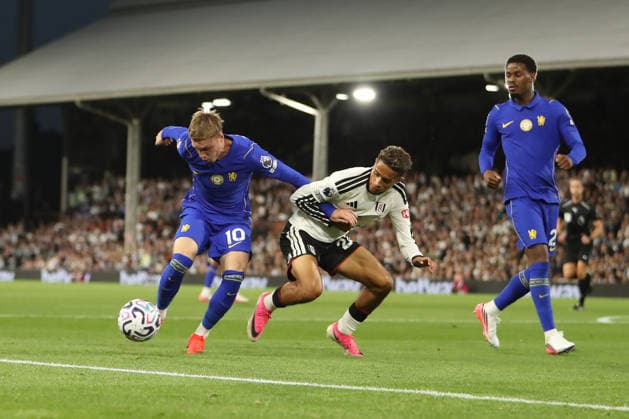 24th August 2026; Craven Cottage, Fulham, London, England; Premier League Football, Fulham versus Chelsea; Cole Palmer of Chelsea and Josh King of Fulham compete for the ball KatiexChan
