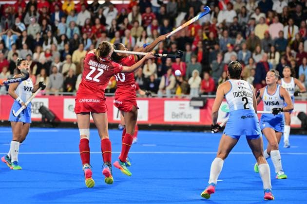 RECORD DATE NOT STATED Belgium s Stephanie Vanden Borre and Belgium s Ambre Ballenghien pictured in action during a Field hockey, Feldhockey game between Belgian national team, Nationalteam Red Panthers and Argentina, at the women s 2026 Hockey World Cup, on Monday 24 August 2026 in Wavre. The 2026 edition of the Hockey World Cup takes place in Belgium and The Netherlands from August 15 to August 30. DIRKxWAEM  x184200440x