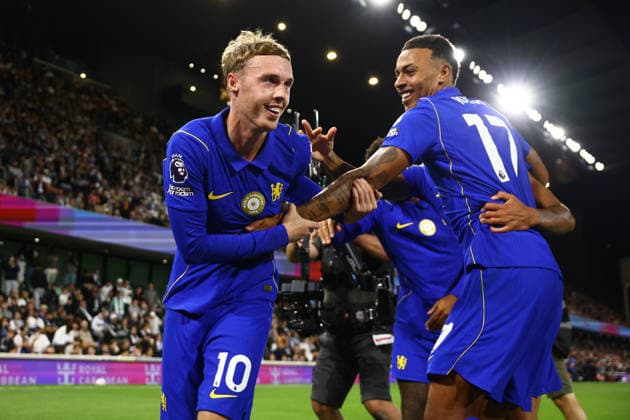 London, England, 24th August 2026. Cole Palmer of Chelsea celebrates with Morgan Rogers of Chelsea after scoring to make it 3-1 during the Fulham vs Chelsea Premier League match at Craven Cottage, London. Picture credit should read: David Klein Sportimage EDITORIAL USE ONLY. No use with unauthorised audio, video, data, fixture lists, club league logos or live services. Online in-match use limited to 120 images, no video emulation. No use in betting, games or single club league player publications. SPI_105_DK_Fulham_Chelsea SPI-4933-0105