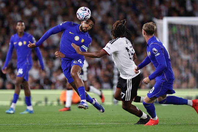 London, England, 24th August 2026. Reece James of Chelsea heads the ball under pressure from Alex Iwobi of Fulham during the Fulham vs Chelsea Premier League match at Craven Cottage, London. Picture credit should read: David Klein Sportimage EDITORIAL USE ONLY. No use with unauthorised audio, video, data, fixture lists, club league logos or live services. Online in-match use limited to 120 images, no video emulation. No use in betting, games or single club league player publications. SPI_112_DK_Fulham_Chelsea SPI-4933-0112
