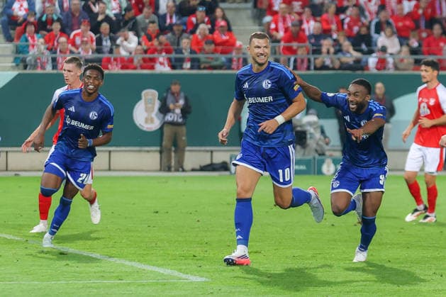 24.08.2026, xtgx, Fussball - DFB Pokal 1.Runde Hallescher FC - FC Schalke 04 emspor, v.l. Jubel nach dem 1:2 durch Edin Dzeko (Schalke, 10) (DFL DFB REGULATIONS PROHIBIT ANY USE OF PHOTOGRAPHS as IMAGE SEQUENCES and or QUASI-VIDEO) Halle (Saale) *** August 24, 2026, xtgx, Soccer DFB Cup 1st Round Hallescher FC vs. FC Schalke 04 emspor, from left: Celebrations after Schalke’s 1–2 win thanks to Edin Dzeko, 10 DFL DFB REGULATIONS PROHIBIT ANY USE OF PHOTOGRAPHS AS IMAGE SEQUENCES AND OR QUASI-VIDEO Halle Saale
