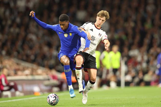 24th August 2026; Craven Cottage, Fulham, London, England; Premier League Football, Fulham versus Chelsea; Josh Acheampong of Chelsea and Cesar Palacios of Fulham compete for the ball KatiexChan