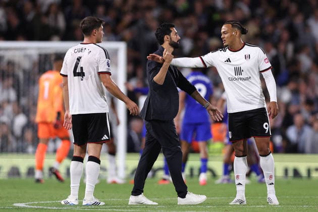 London, England, 24th August 2026. Jorge Cuenca (L), Alvaro Arbeloa manager of Fulham and Rodrigo Muniz of Fulham after the Fulham vs Chelsea Premier League match at Craven Cottage, London. Picture credit should read: David Klein Sportimage EDITORIAL USE ONLY. No use with unauthorised audio, video, data, fixture lists, club league logos or live services. Online in-match use limited to 120 images, no video emulation. No use in betting, games or single club league player publications. SPI_127_DK_Fulham_Chelsea SPI-4933-0127