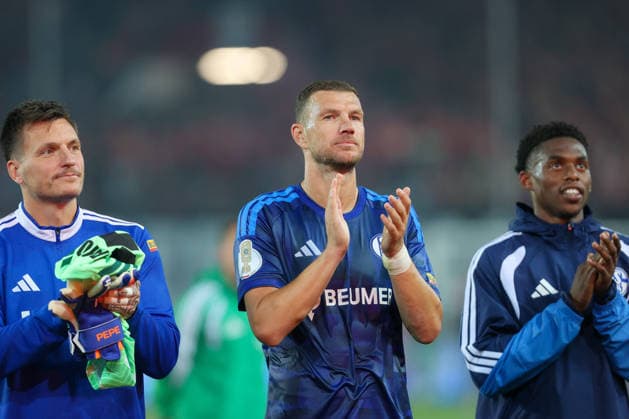24.08.2026, xtgx, Fussball - DFB Pokal 1.Runde Hallescher FC - FC Schalke 04 emspor, v.l. Edin Dzeko (Schalke, 10) Jubel ueber den Sieg, Jubel nach Spielende (DFL DFB REGULATIONS PROHIBIT ANY USE OF PHOTOGRAPHS as IMAGE SEQUENCES and or QUASI-VIDEO) Halle (Saale) *** August 24, 2026, xtgx, Soccer DFB Cup 1st Round Hallescher FC vs. FC Schalke 04 emspor, from left: Edin Dzeko (Schalke), 10 Celebrating the victory, Celebrations after the final whistle. DFL and DFB regulations prohibit any use of photographs as image sequences and or quasi-video. Halle, Saale