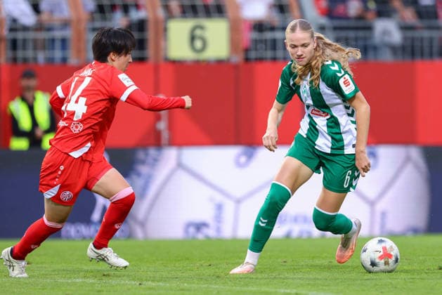 v.li.: Yurina Imai (1. FSV Mainz 05, 14) und Marie Gmeineder (SV Werder Bremen, 6) im Zweikampf, Duell, Dynamik, Aktion, Action, Spielszene, DIE DFB-RICHTLINIEN UNTERSAGEN JEGLICHE NUTZUNG VON FOTOS ALS SEQUENZBILDER UND ODER VIDEOÄHNLICHE FOTOSTRECKEN. DFB REGULATIONS PROHIBIT ANY USE OF PHOTOGRAPHS AS IMAGE SEQUENCES AND OR QUASI-VIDEO., 24.08.2026, Mainz (Deutschland), Fussball, Google Pixel Frauen-Bundesliga, 1. FSV Mainz 05 - SV Werder Bremen *** v li Yurina Imai (1, FSV Mainz 05) and Marie Gmeineder (6, SV Werder Bremen) in a one-on-one battle, duel, dynamic moment, action, game scene, DFB REGULATIONS PROHIBIT ANY USE OF PHOTOGRAPHS AS IMAGE SEQUENCES AND OR VIDEO-LIKE PHOTO SERIES DFB REGULATIONS PROHIBIT ANY USE OF PHOTOGRAPHS AS IMAGE SEQUENCES AND OR QUASI-VIDEO, August 24, 2026, Mainz, Germany, Soccer, Google Pixel Women’s Bundesliga, 1 FSV Mainz 05 vs. SV Werder Bremen xobx