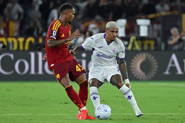 Soccer, Serie A match , Roma v Fiorentina Wesley Franca of Roma, Dodo of Fiorentina during the Serie A match between Roma v Fiorentina at Olympic stadium. Rome (Italy), August 24th, 2026 Imago-Images Emmefoto Copyright: xImago-Images Emmefotox