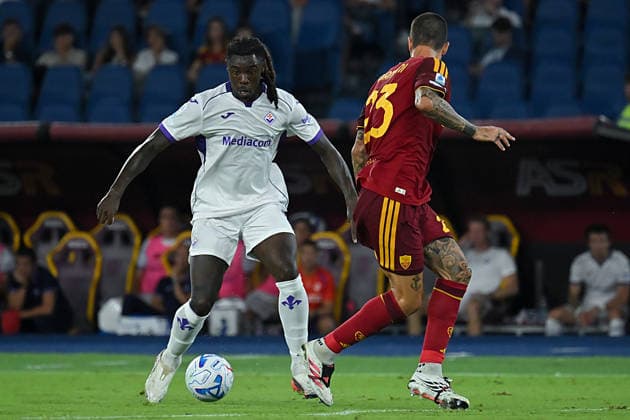 Soccer, Serie A match , Roma v Fiorentina Moise Kean of Fiorentina,Gianluca Mancini of Roma during the Serie A match between Roma v Fiorentina at Olympic stadium. Rome (Italy), August 24th, 2026 Imago-Images Emmefoto Copyright: xImago-Images Emmefotox