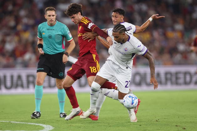 SOCCER - Serie A - AS Roma vs. ACF Fiorentina Photo by IPA ABACAPRESS.COM87773552 - Rome, Italy - August 24, 2026: Matias Soule (right winger) of AS Roma and Cher Ndour (central midfielder) of ACF Fiorentina are seen in action during the 2026–2027 Italian Serie A–Enilive Championship soccer match between AS Roma and ACF Fiorentina at the Olympic Stadium in Rome. Rome Italy  Copyright: xIPAxSport ABACAx