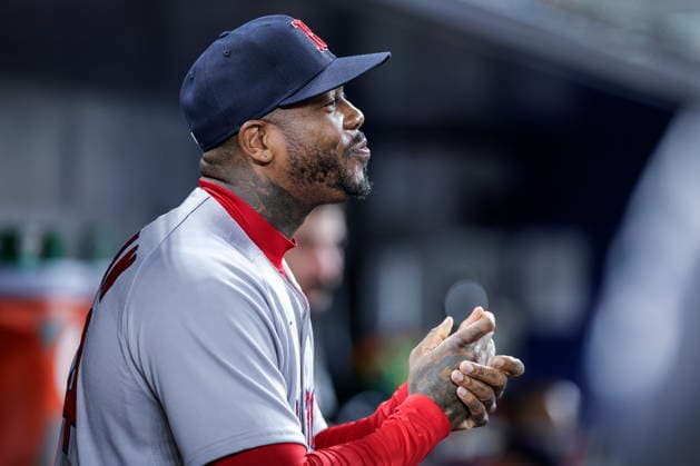 MLB, Baseball Herren, USA - Miami Marlins vs. Boston Red Sox Boston Red Sox pitcher Aroldis Chapman gestures during the Major League Baseball (MLB) game between the Miami Marlins and the Boston Red Sox in Miami, Florida, USA, 24 August 2026. MIAMI FLORIDA United States  Copyright: xCRISTOBALxHERRERA-ULASHKEVICHx