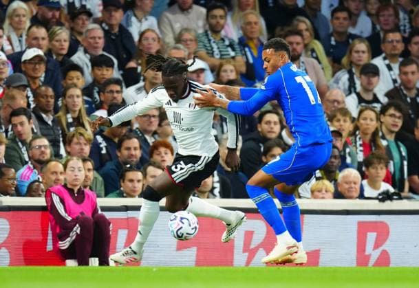 Calvin Bassey of Fulham and Morgan Rogers of Chelsea Fulham v Chelsea, Premier League Football, Football, Craven Cottage, London, UK - 24 Aug 2026London Craven Cottage United Kingdom EDITORIAL USE ONLY No use with unauthorised audio, video, data, fixture lists, club league logos or live services. Online in-match use limited to 120 images, no video emulation. No use in betting, games or single club league player publications.  Copyright: xJavierxGarcia Shutterstockx 17114735if