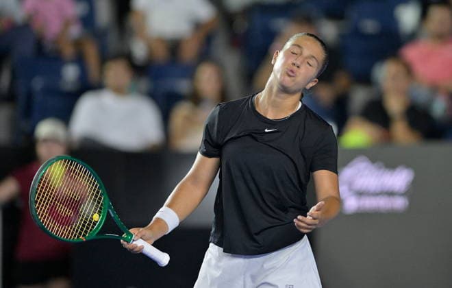 Monterrey Open tennis tournament Diane Parry of France reacts while in action against Donna Vekic of Croatia during their round of 32 tennis match at the Monterrey Open tennis tournament in Monterrey, Mexico, 24 August 2026. Monterrey Mexico  Copyright: xMIGUELxSIERRAx