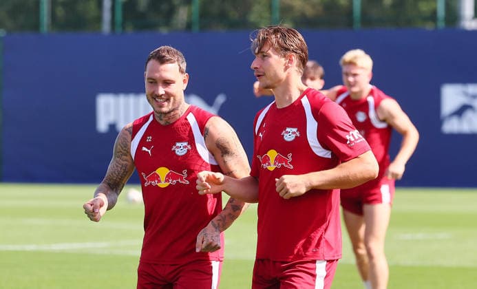 RB Leipzig - Training Bundesliga Leipzig, 25.08.2026, Trainingszentrum Cottaweg, Fußball Bundesliga , RB LEIPZIG - Training, Saisonvorbereitung zur Saison 2026 27 , Im Bild v.l.: David Raumr und Willi Orban , *** RB Leipzig Training, Bundesliga, Leipzig, August 25, 2026, Cottaweg Training Center, Soccer, Bundesliga, RB Leipzig Training, Preseason for the 2026–27 Season, Pictured from left: David Raumr and Willi Orban, Picture Point