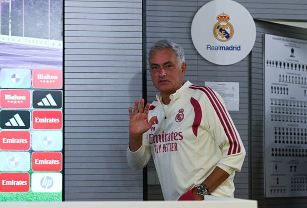 Real Madrid head coach Jose Mourinho MADRID, SPAIN - AUGUST 25: Real Madrid head coach Jose Mourinho attends the press conference, PK, Pressekonferenz at the Valdebebas training complex in Madrid, Spain, on August 25, 2026. The team completed their final training session at the facility ahead of their upcoming opening match of the La Liga season against Real Sociedad. Burak Akbulut Anadolu Madrid Spain. Editorial use only. Please get in touch for any other usage.  Copyright: x2026xAnadoluxBurakxAkbulutx